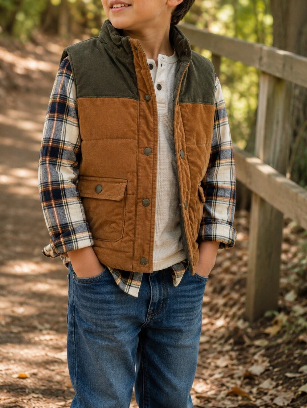 Tommy Hilfiger Kids Brown Olive Corduroy Puffer Vest Snap Front Utility